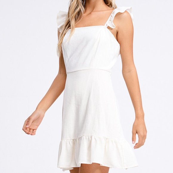 New Square Neckline Ivory Linen Ruffle Sun Dress - Picture 5 of 7